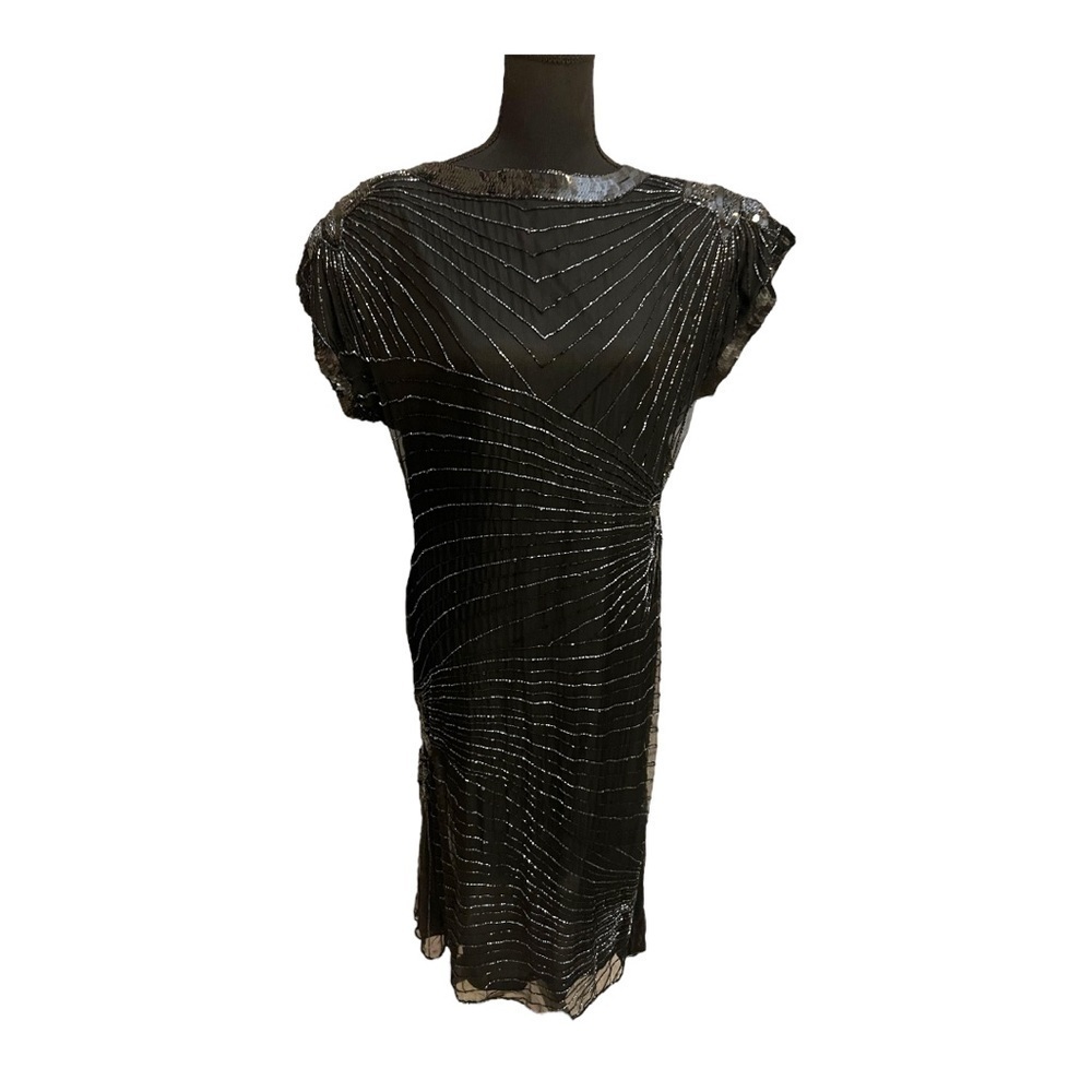 Vintage 90s Black Metallic Beaded Sequin Evening Gown PL